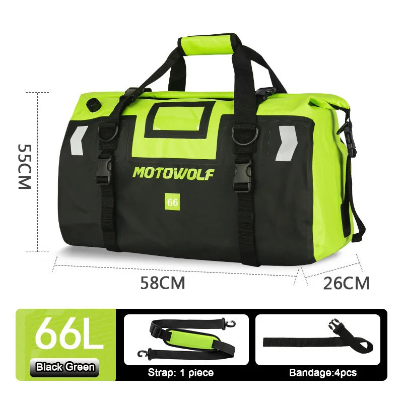 Motorcycle Tail Duffle Bag with Roll Top Buckle Closure and Reflective Strips, 40L-66L