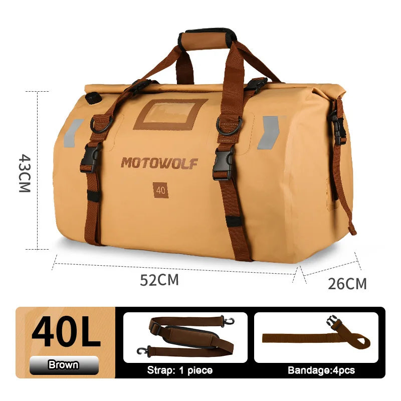 Motorcycle Tail Duffle Bag with Roll Top Buckle Closure and Reflective Strips, 40L-66L