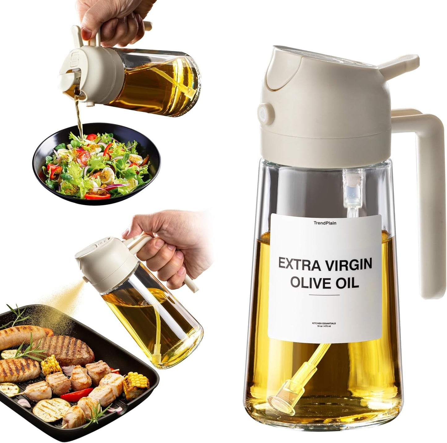 16Oz Oil Dispenser Bottle for Kitchen - 2 in 1 Olive Oil Dispenser and Oil Sprayer - 470Ml Olive Oil Bottle 
