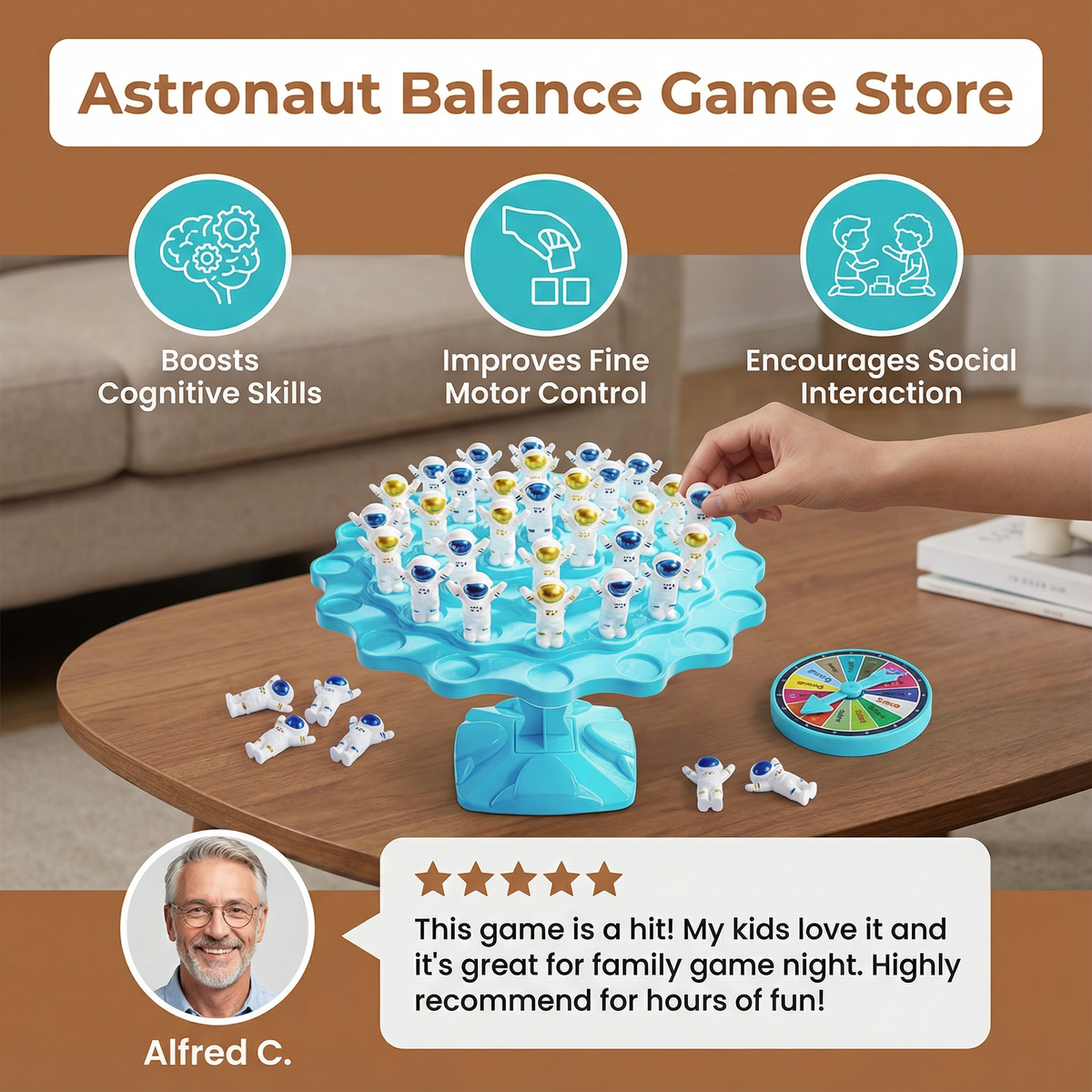 Stacking Balance Game with Astronaut Figures and Spinner, Dice Included