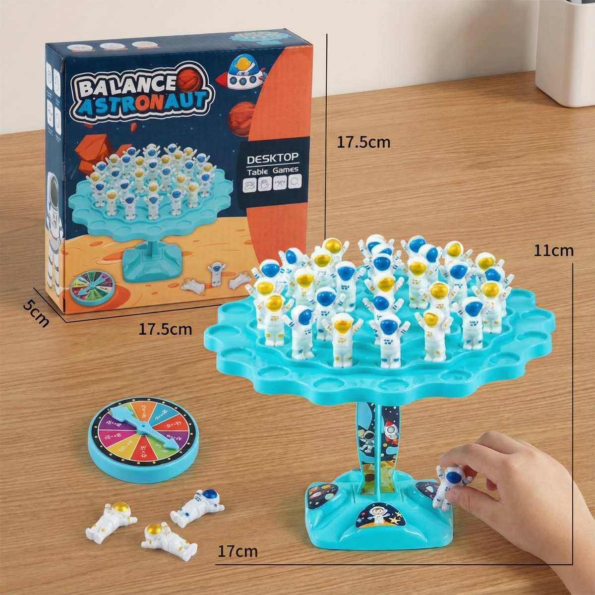 Stacking Balance Game with Astronaut Figures and Spinner, Dice Included