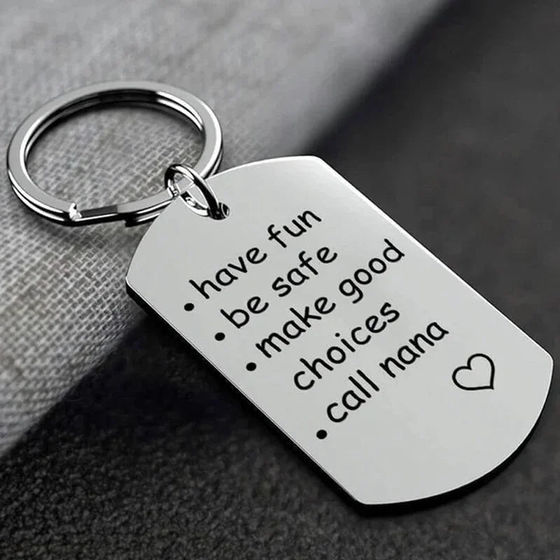 Engraved Stainless Steel Keychain with Reminder Message and Ring Clip
