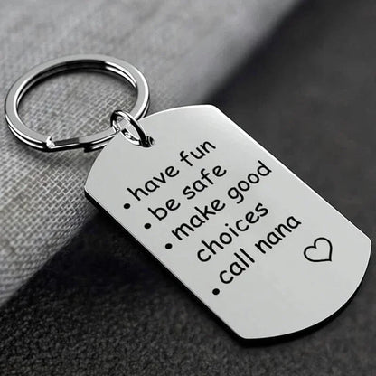 Engraved Stainless Steel Keychain with Reminder Message and Ring Clip