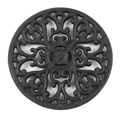 Round Cast Iron Trivet with Raised Vintage Pattern and Rust Resistant Finish, 6.7 Inch