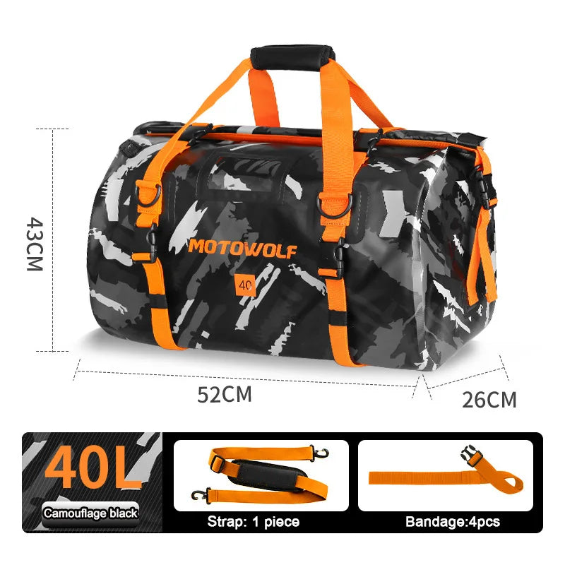 Motorcycle Tail Duffle Bag with Roll Top Buckle Closure and Reflective Strips, 40L-66L