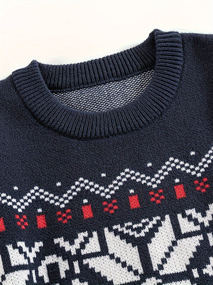 Mens Nordic Snowflake Knit Sweater with Ribbed Cuffs and Hem and a Round Neck in Navy