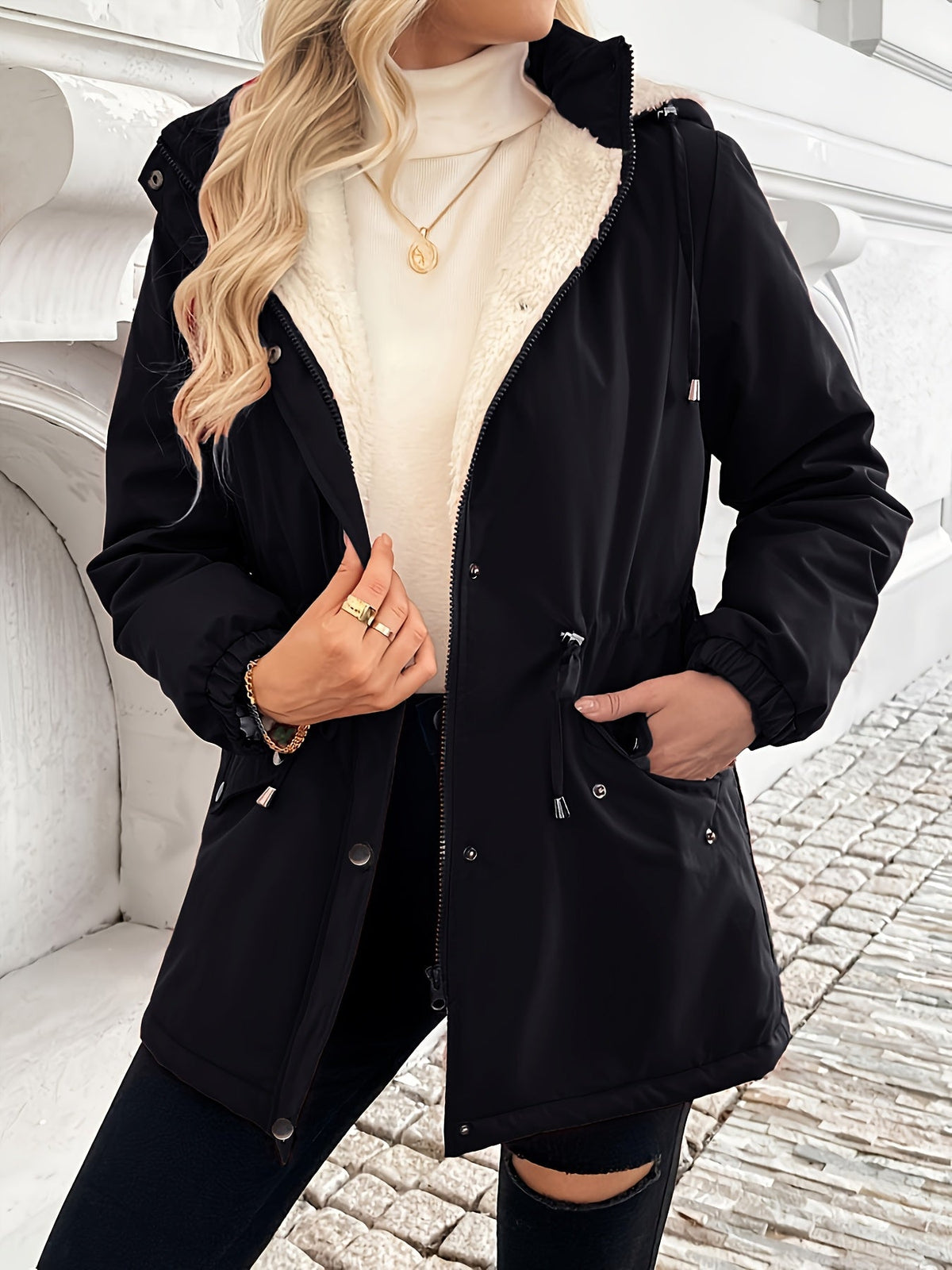 Womens Hooded Jacket with a Plush Lining, Front Zip and Snap Closure and Roomy Pockets in Black