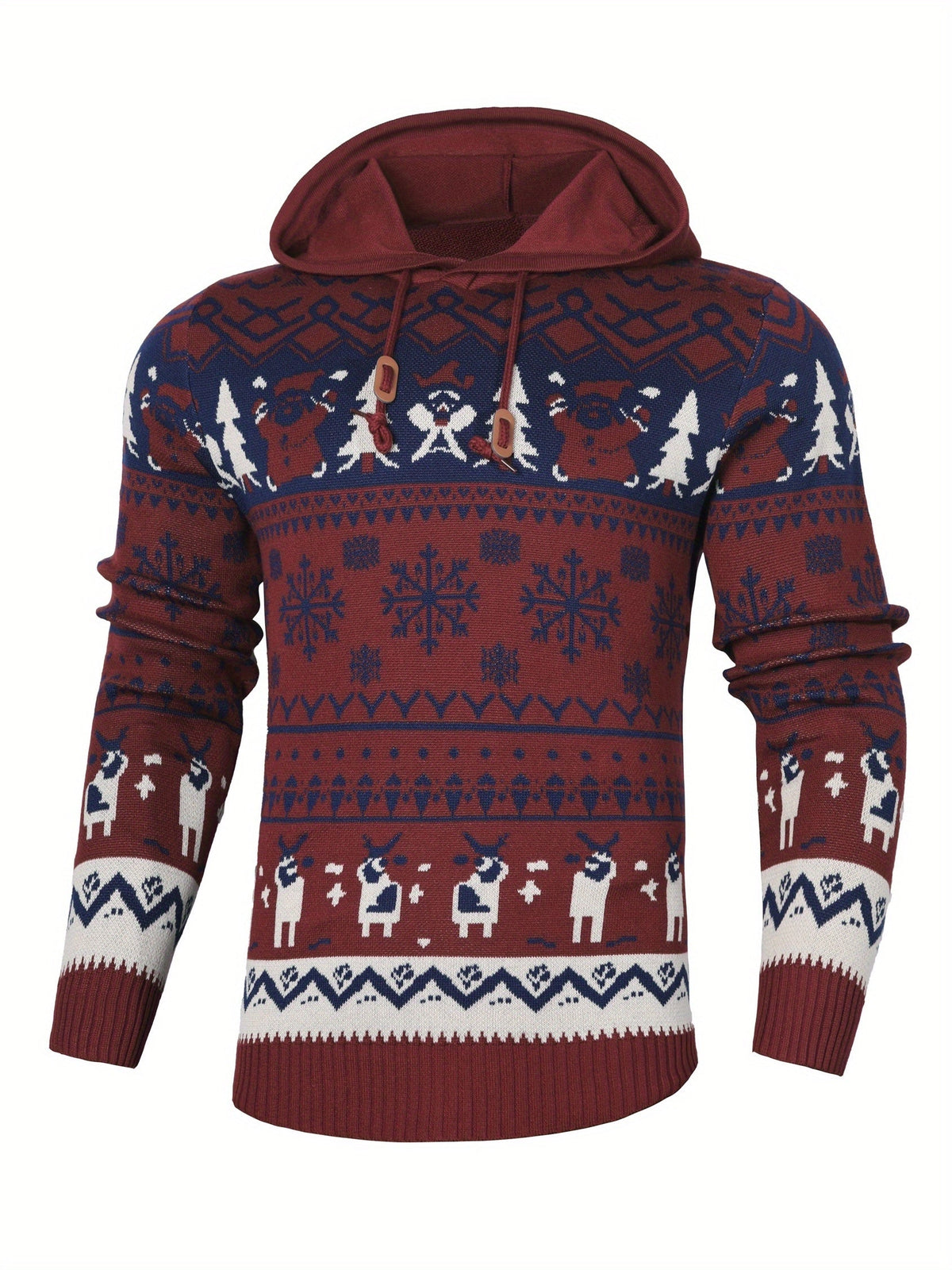 Christmas Hooded Sweater with Reindeer, Snowflake and Star Patterns and a Drawstring Hood in Two Styles