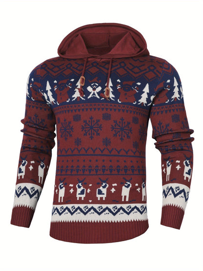 Christmas Hooded Sweater with Reindeer, Snowflake and Star Patterns and a Drawstring Hood in Two Styles