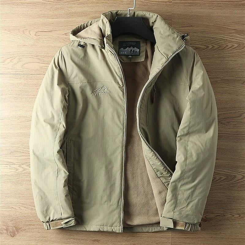 Windproof Hooded Jacket with Insulated Lining and Drawstring Hood, Two Zip Pockets