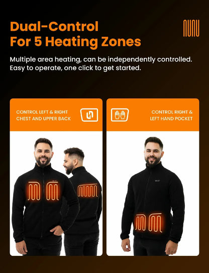 Mens Heated Fleece Jacket with Five Carbon Fiber Zones and Three Heat Levels for Outdoors