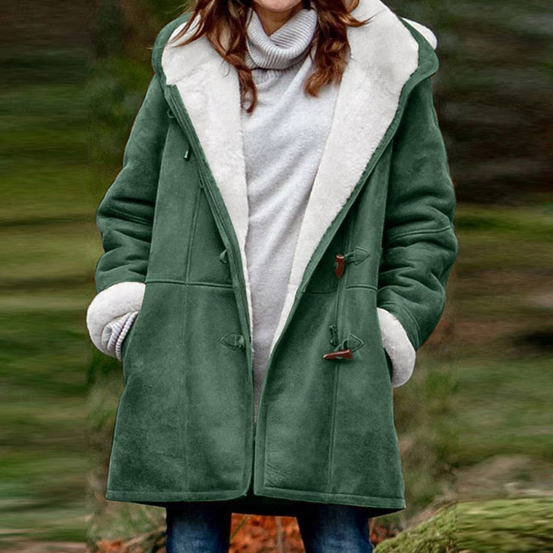 Insulated Hooded Winter Coat with Button Front and Adjustable Hood