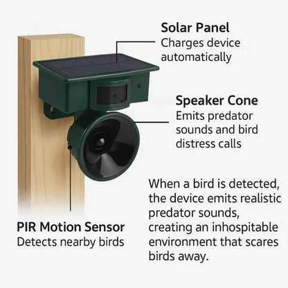 Motion Sensor Bird Repeller with Adjustable Sensitivity and Sound Alerts, Weather Resistant