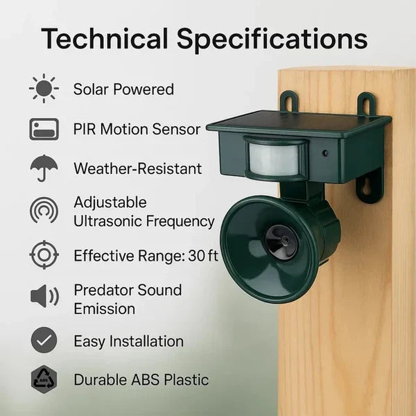 Motion Sensor Bird Repeller with Adjustable Sensitivity and Sound Alerts, Weather Resistant
