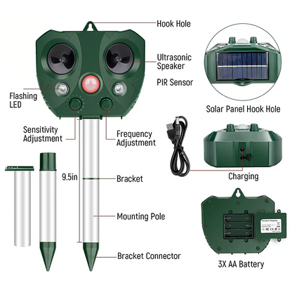 Solar Motion Sensor Bird Repeller with Ultrasonic Waves and LED Flashes, 30ft Range