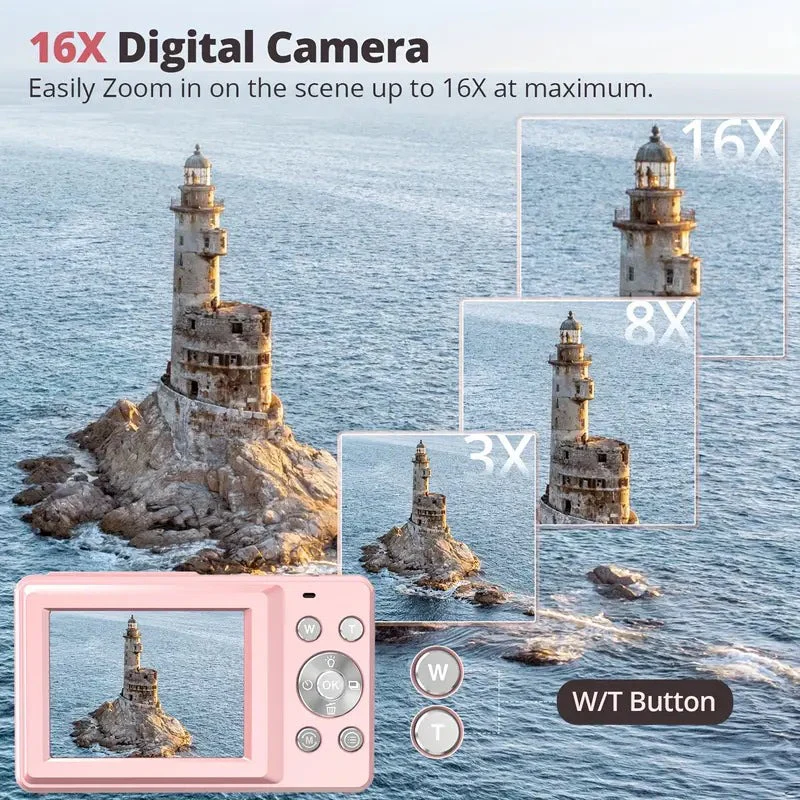 Retro Style Compact Digital Camera with 1080p Video, Built In Screen and One Button Capture in Three Colors