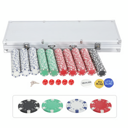 Clay Composite Poker Chips Set with Aluminum Case and Playing Cards, 500 Pieces