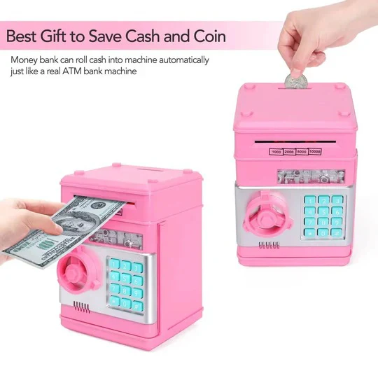 Motorized Coin and Bill Bank with Passcode Lock and Bilingual Voice Prompts