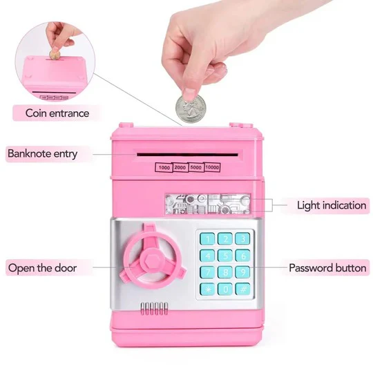 Motorized Coin and Bill Bank with Passcode Lock and Bilingual Voice Prompts