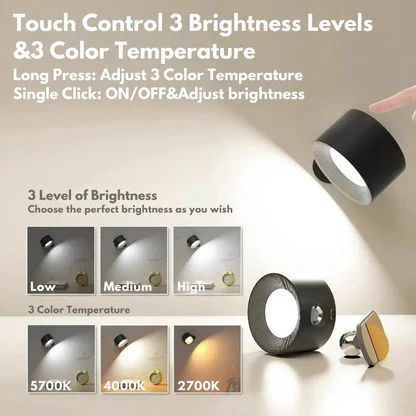 Rechargeable Wall Lamp with 360° Rotation and Three Color Temperatures, Touch Control