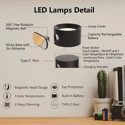 Rechargeable Wall Lamp with 360° Rotation and Three Color Temperatures, Touch Control