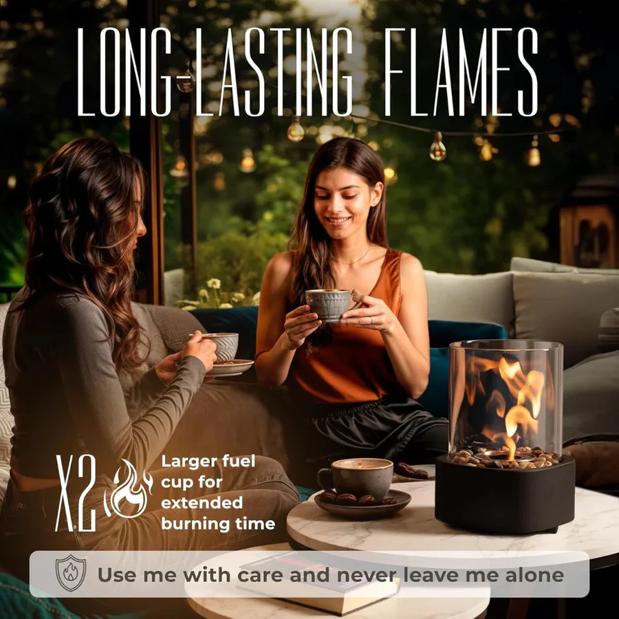 Tabletop Ethanol Fireplace with Heat Resistant Glass and Flame Snuffer