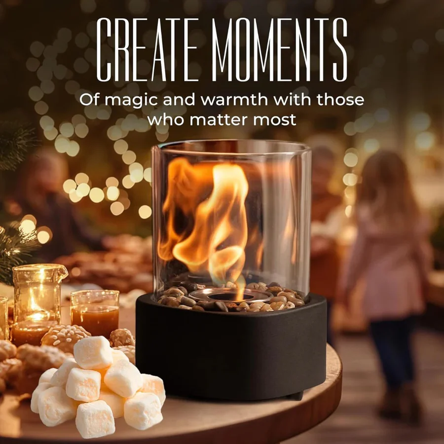 Tabletop Ethanol Fireplace with Heat Resistant Glass and Flame Snuffer