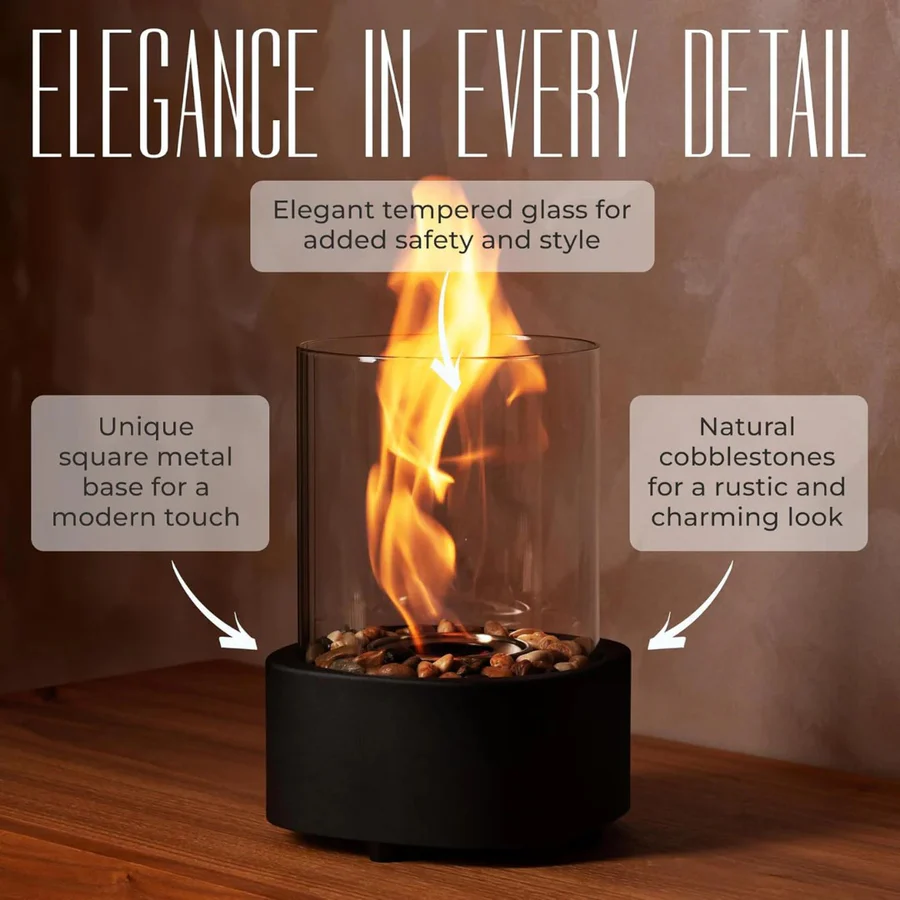 Tabletop Ethanol Fireplace with Heat Resistant Glass and Flame Snuffer