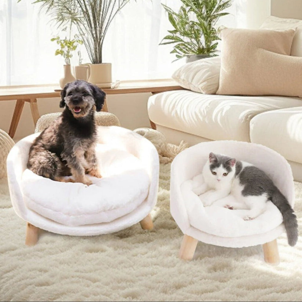 Round Raised Pet Bed with Wooden Legs and Washable Cushion