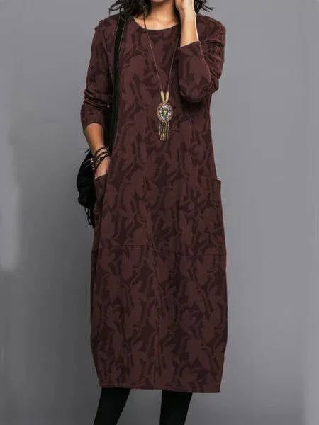 Cotton Blend Midi Dress with Side Pockets and Long Sleeves