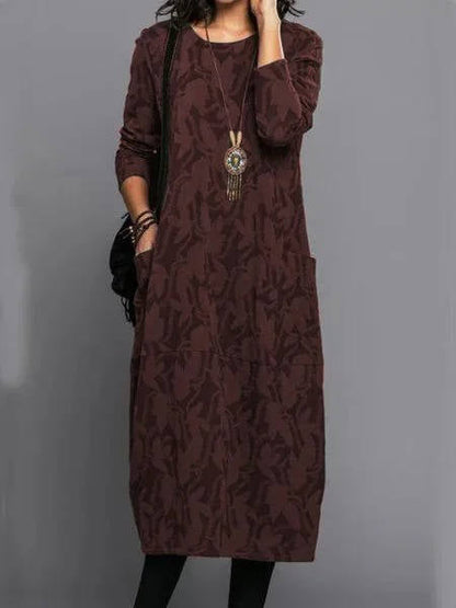 Cotton Blend Midi Dress with Side Pockets and Long Sleeves