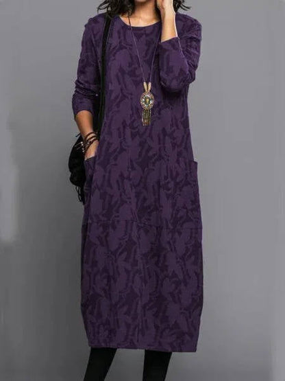 Cotton Blend Midi Dress with Side Pockets and Long Sleeves