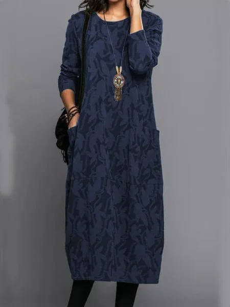 Cotton Blend Midi Dress with Side Pockets and Long Sleeves