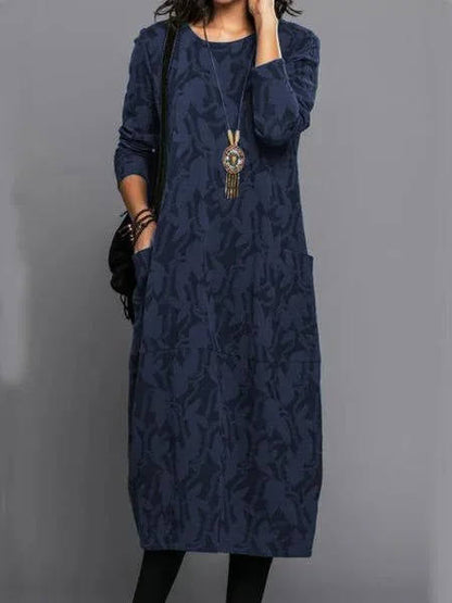 Cotton Blend Midi Dress with Side Pockets and Long Sleeves