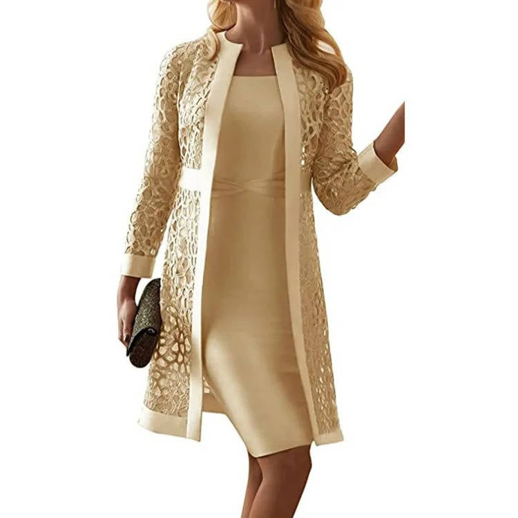 Knee Length Sheath Dress with Open Front Floral Lace Jacket, Two Piece Set