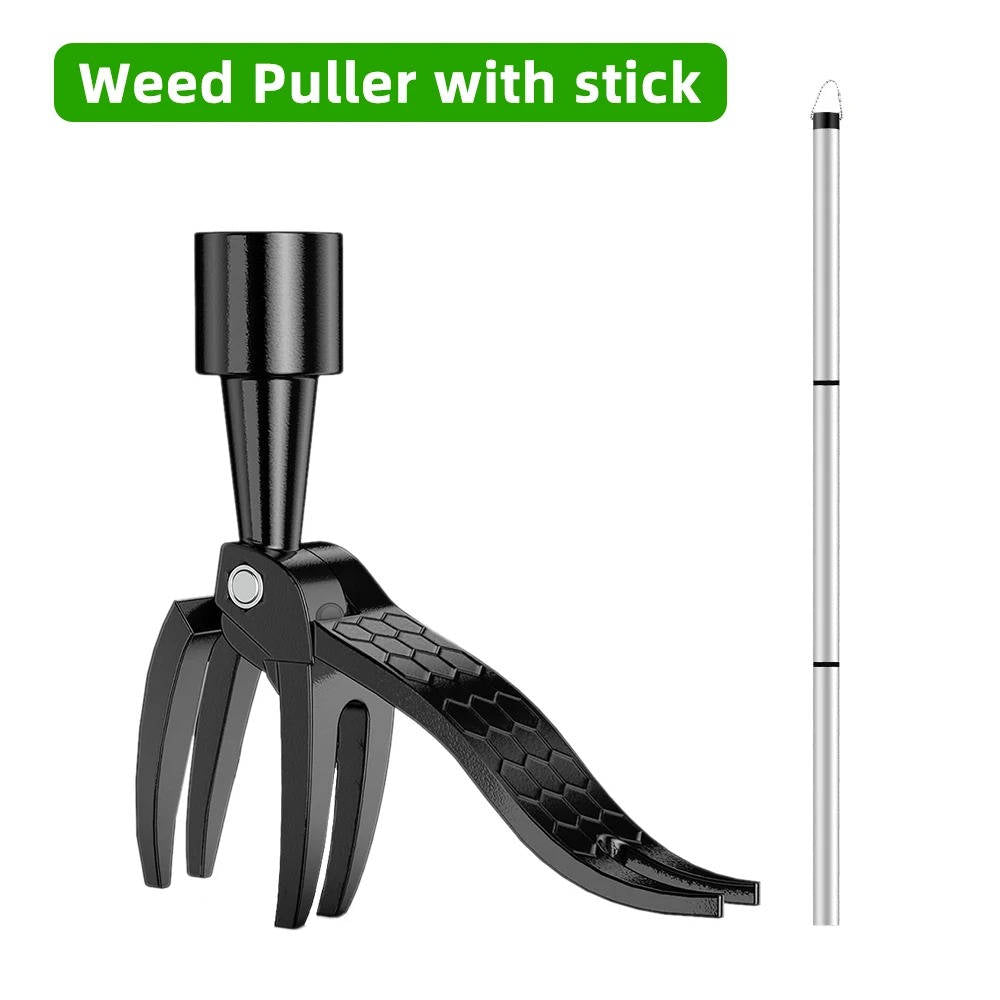 Long Handle Weed Puller with Four Steel Claws and Foot Pedal, Bamboo Handle