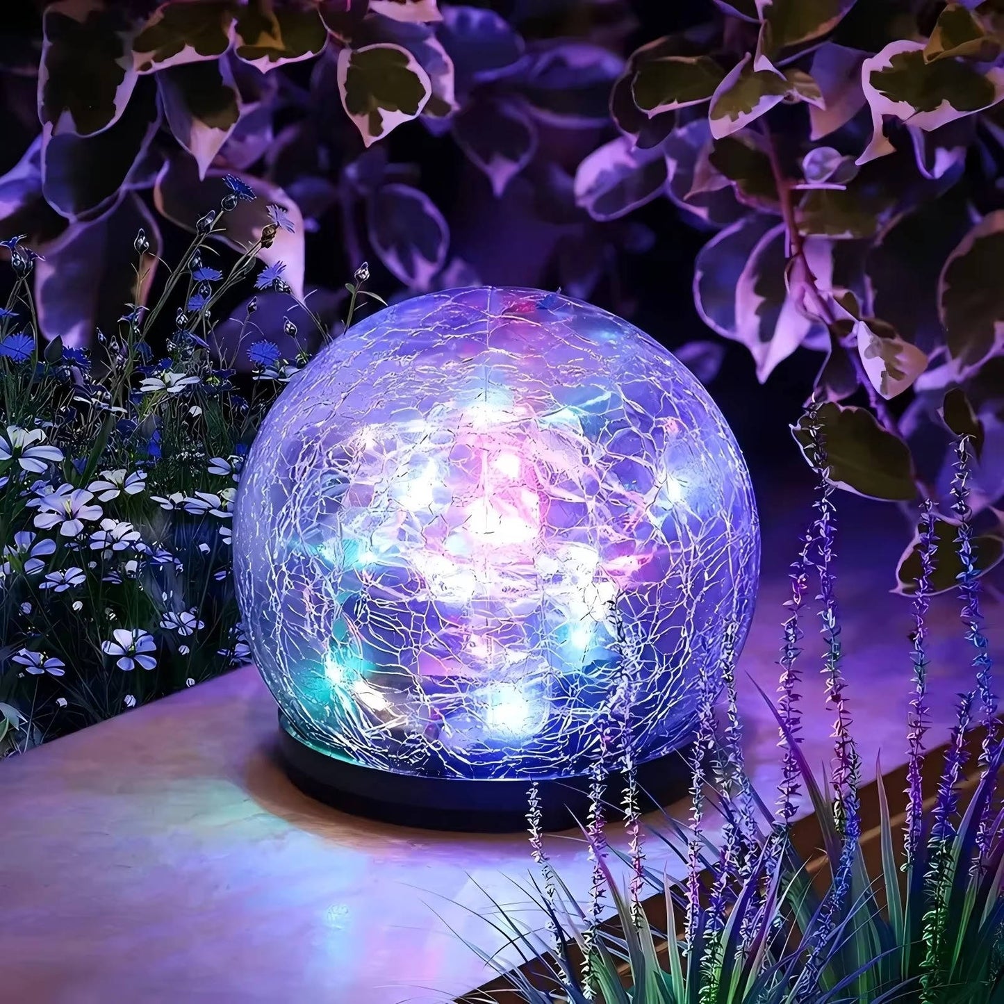 Solar Globe Pathway Lights with Cracked Glass and Automatic Dusk Sensor, 2 Pack