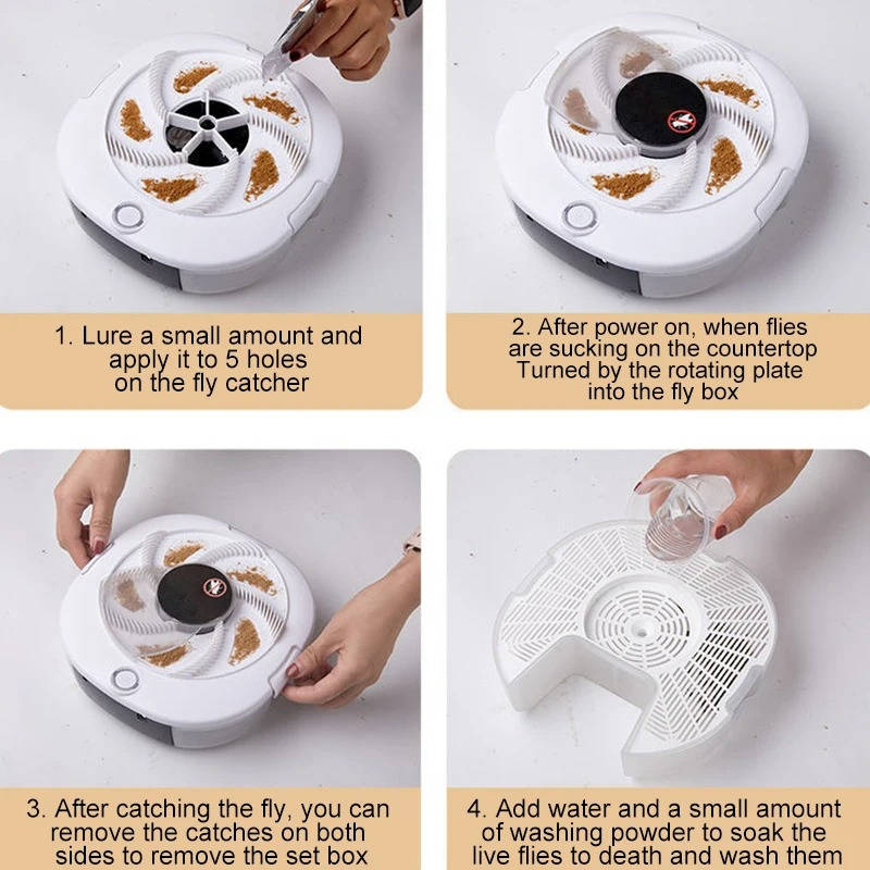 Rotating Fly Trap with Five Bait Stations and USB Rechargeable Battery