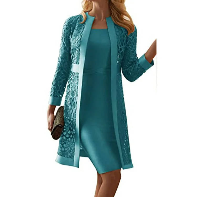 Knee Length Sheath Dress with Open Front Floral Lace Jacket, Two Piece Set