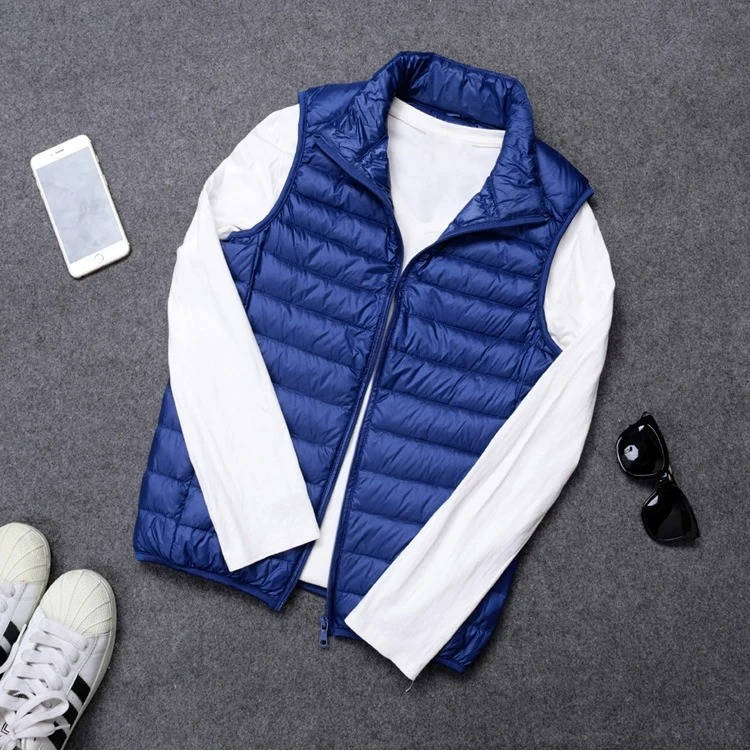 Sleeveless Down Vest with Water Resistant Shell and Stand Collar, Packable