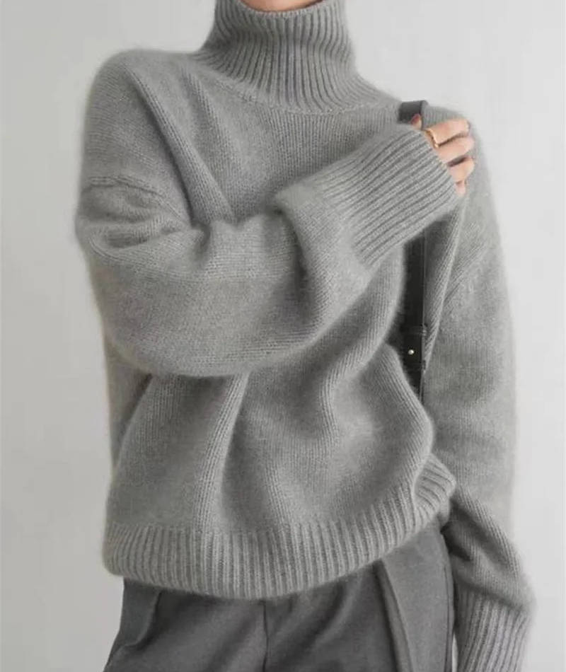 Women's Turtleneck Sweater with Stretch Knit and Full Length Sleeves, Loose Fit