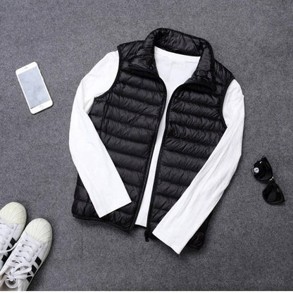 Sleeveless Down Vest with Water Resistant Shell and Stand Collar, Packable
