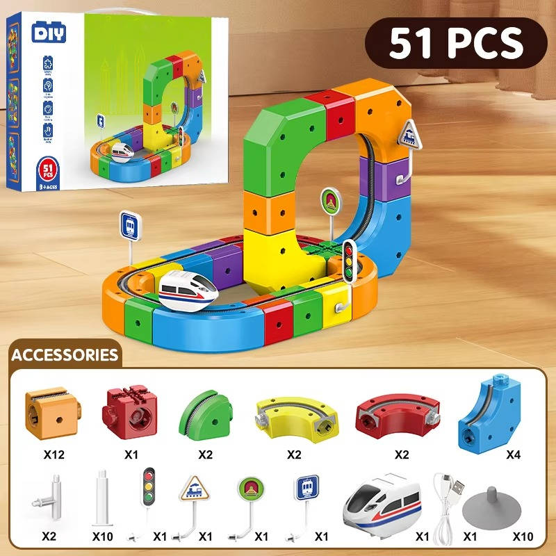 Magnetic Modular Train Set with USB Rechargeable Motor and Flexible Track Pieces
