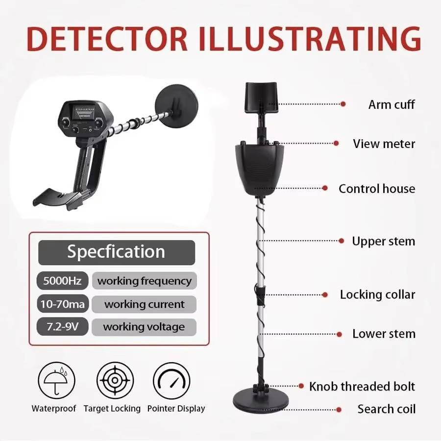Adjustable Metal Detector with Dual Detection Modes and Waterproof Coil, 11.81in Depth