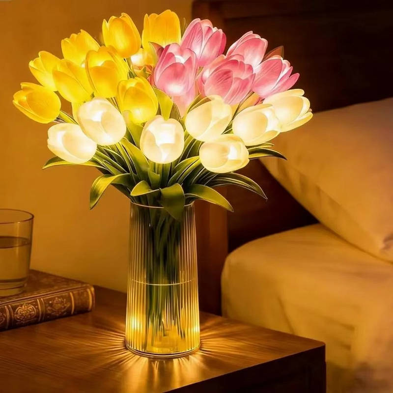 Artificial Tulip Bouquet Night Light with Warm White LED and Real Touch Petals, Battery Operated