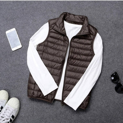 Sleeveless Down Vest with Water Resistant Shell and Stand Collar, Packable