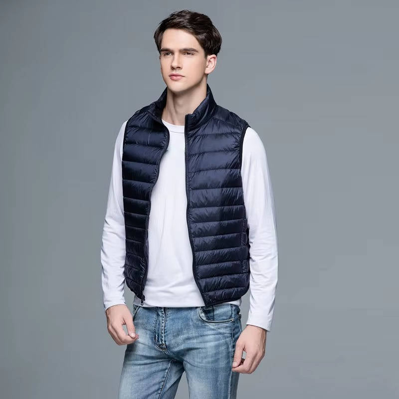Sleeveless Down Vest with Water Resistant Shell and Stand Collar, Packable