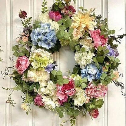 Multicolor Hydrangea Wreath with Green Foliage and Hanging Loop, 35cm