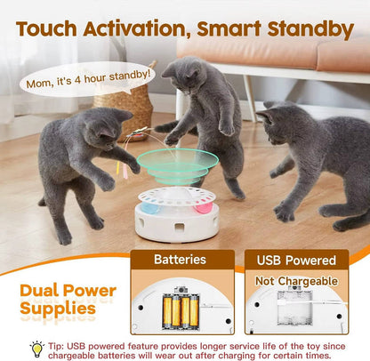 Interactive Cat Toy with Feather, Butterfly and Rolling Balls, USB Powered
