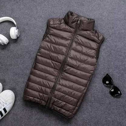 Sleeveless Down Vest with Water Resistant Shell and Stand Collar, Packable
